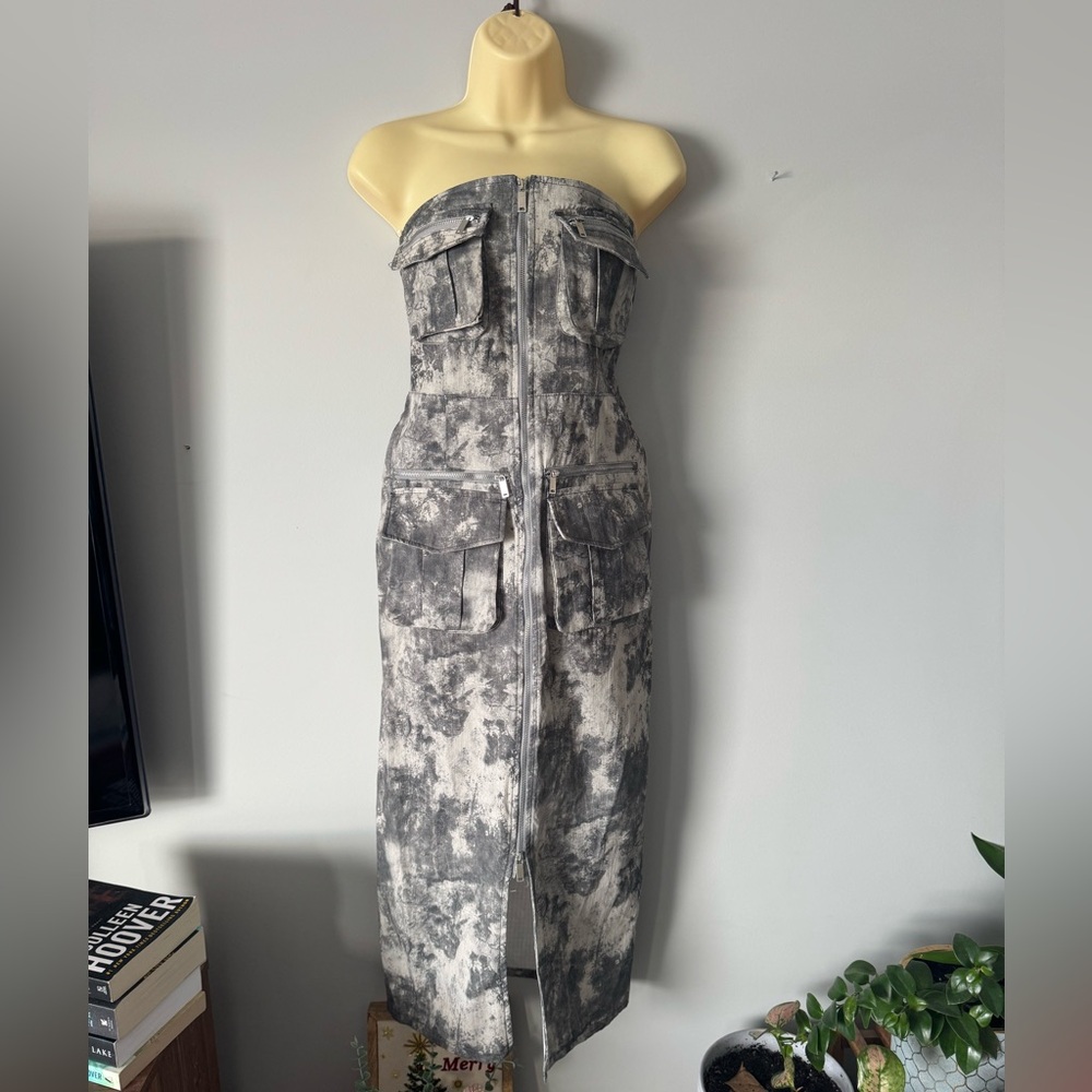 Zara Strapless Dress Cargo Utility Midi Camo Print body con NWT XS Blogger Fave - Picture 4 of 11